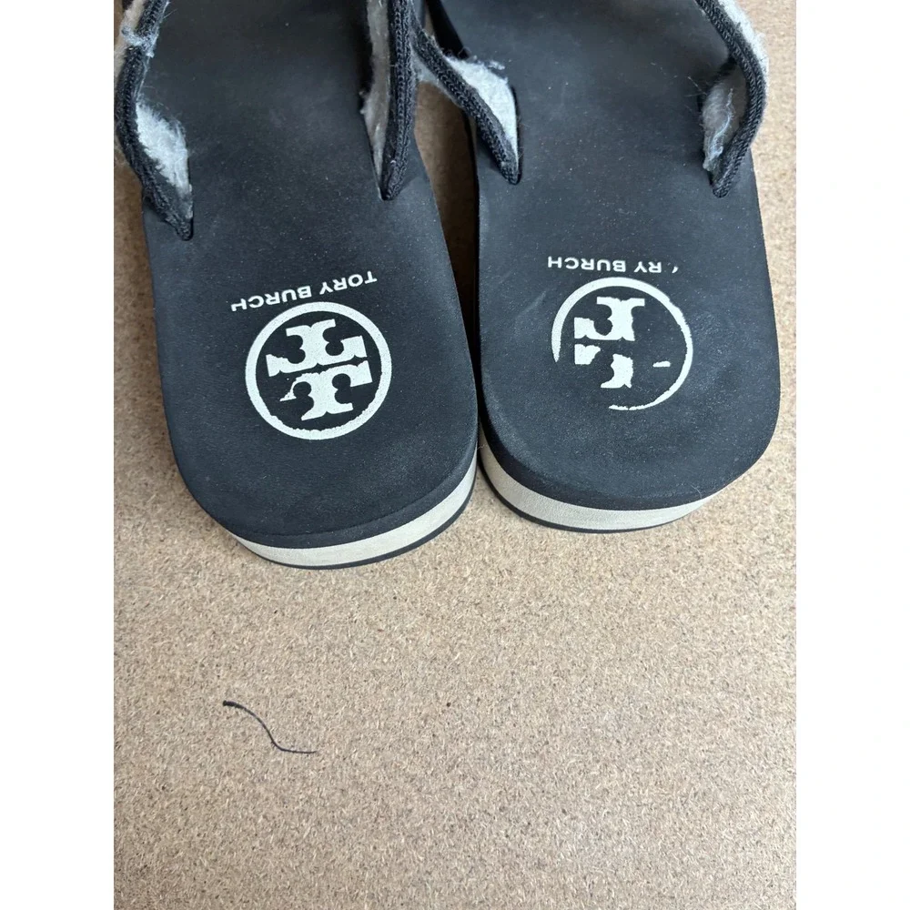 Tory Burch Platform Flip Flop Sandals Black White Striped Wedge Medallion Sz 8